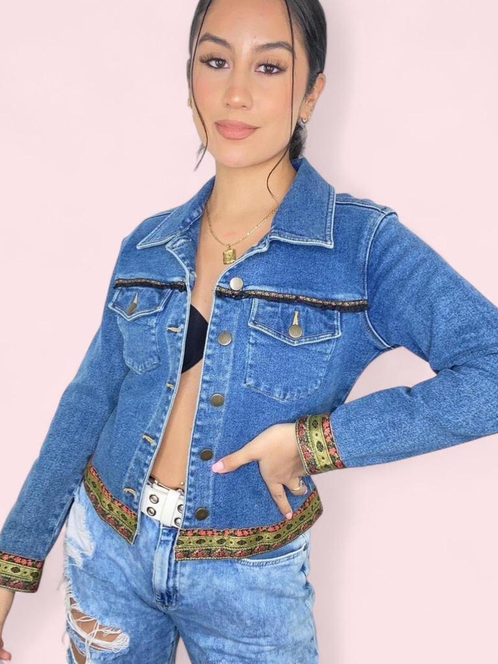 Carole Little Blue Denim Jacket with Floral Trim
